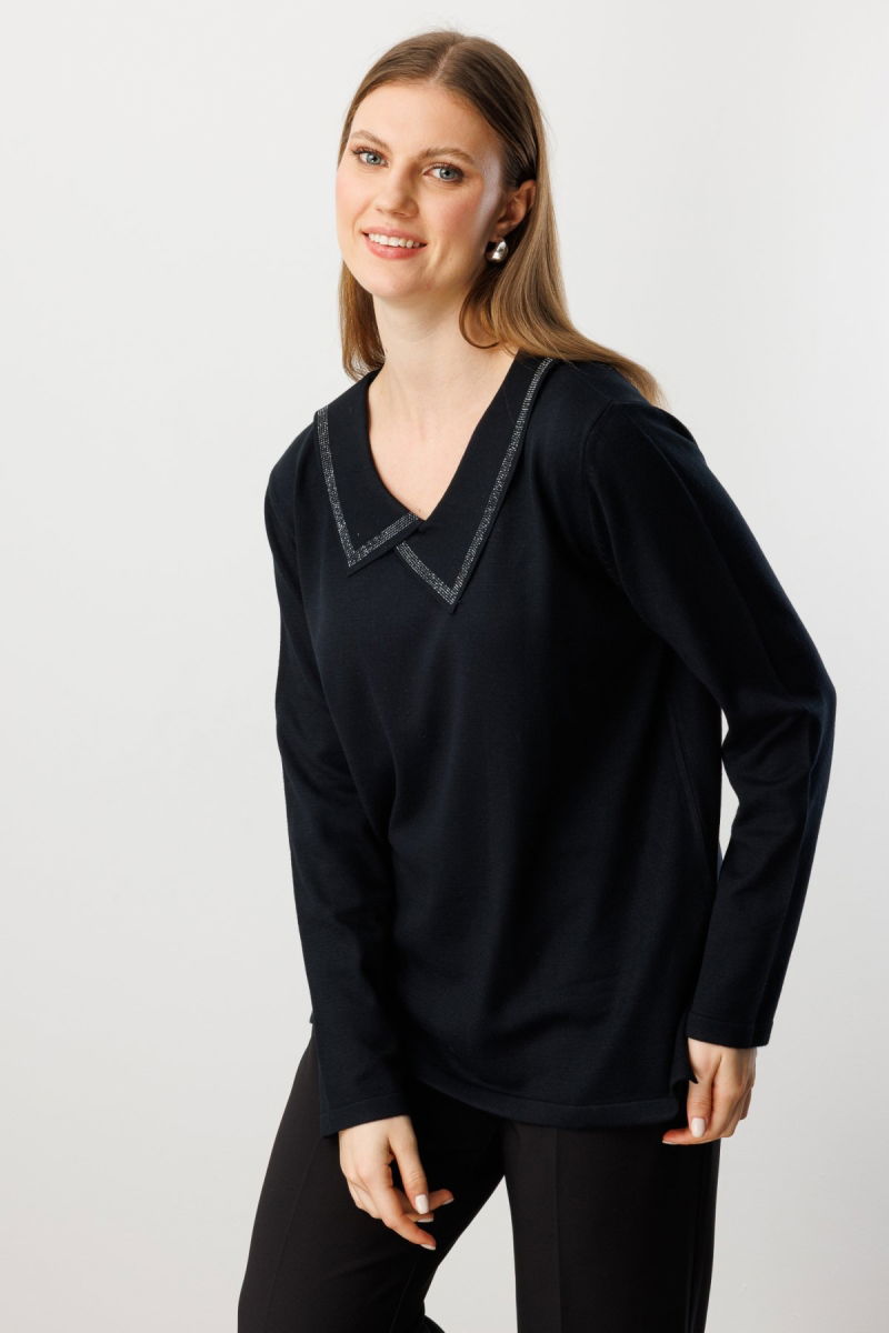 On Kadın Büyük Beden Yakası Taşlı Triko Kazak 65395 Siyah - On