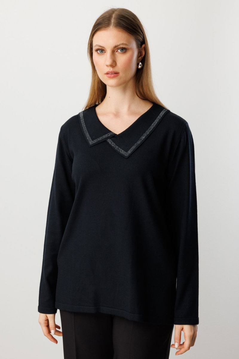 On Kadın Büyük Beden Yakası Taşlı Triko Kazak 65395 Siyah - 2