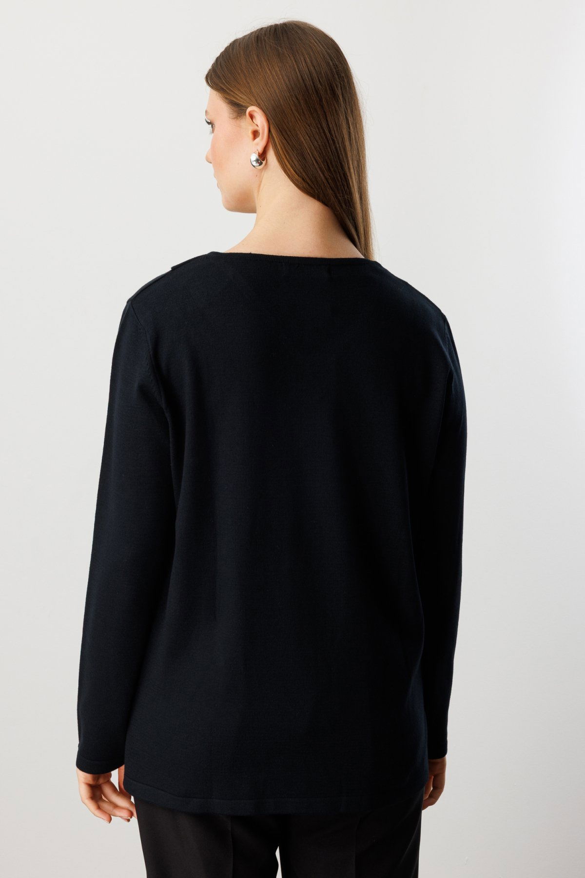 On Kadın Büyük Beden Yakası Taşlı Triko Kazak 65395 Siyah - 4