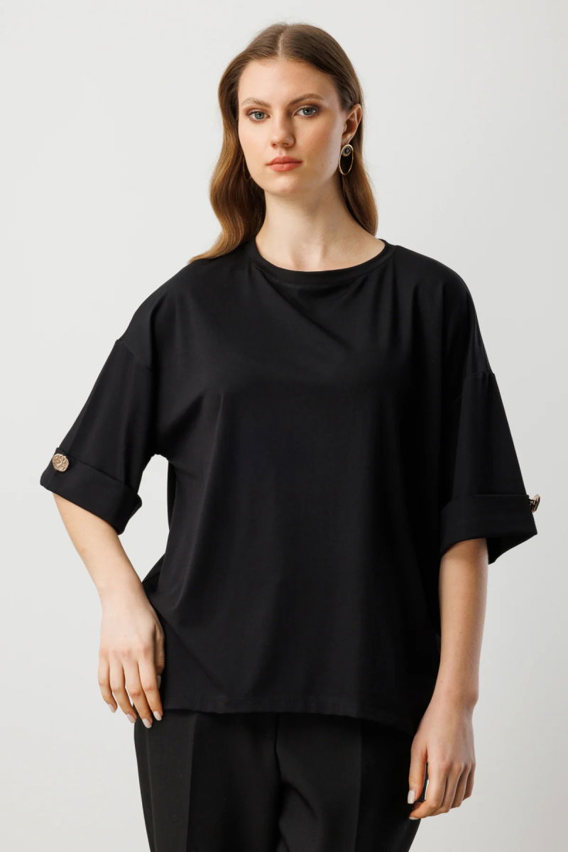 On Kadın Büyük Beden Yarım Kol Metal Aksesuarlı Bluz 61434 Siyah - On