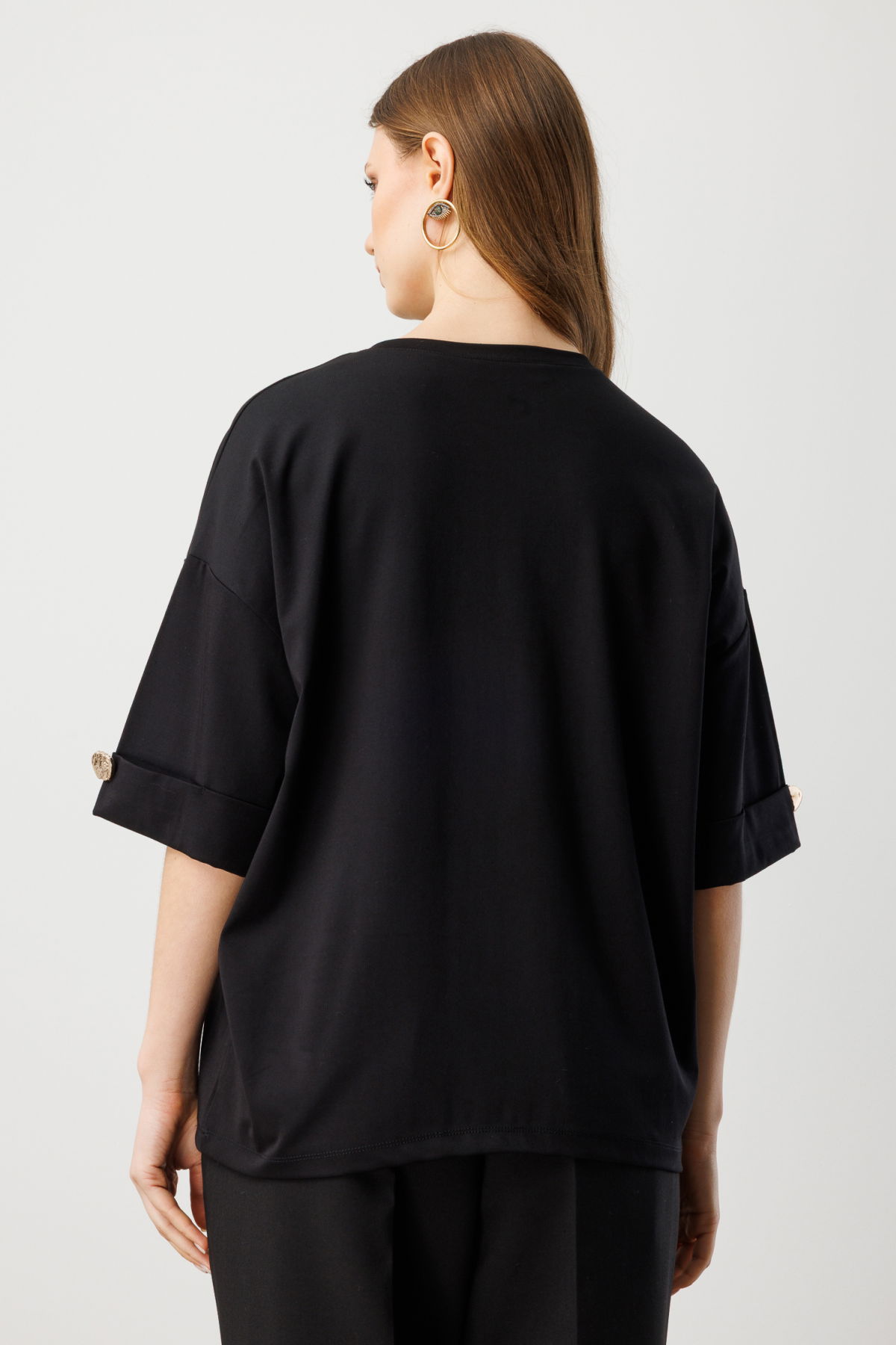 On Kadın Büyük Beden Yarım Kol Metal Aksesuarlı Bluz 61434 Siyah - 4