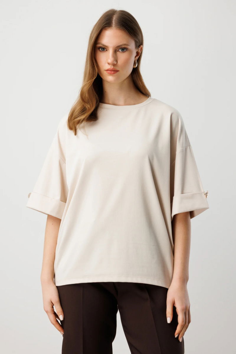 On Kadın Büyük Beden Yarım Kol Metal Aksesuarlı Bluz 61434 Taş - On