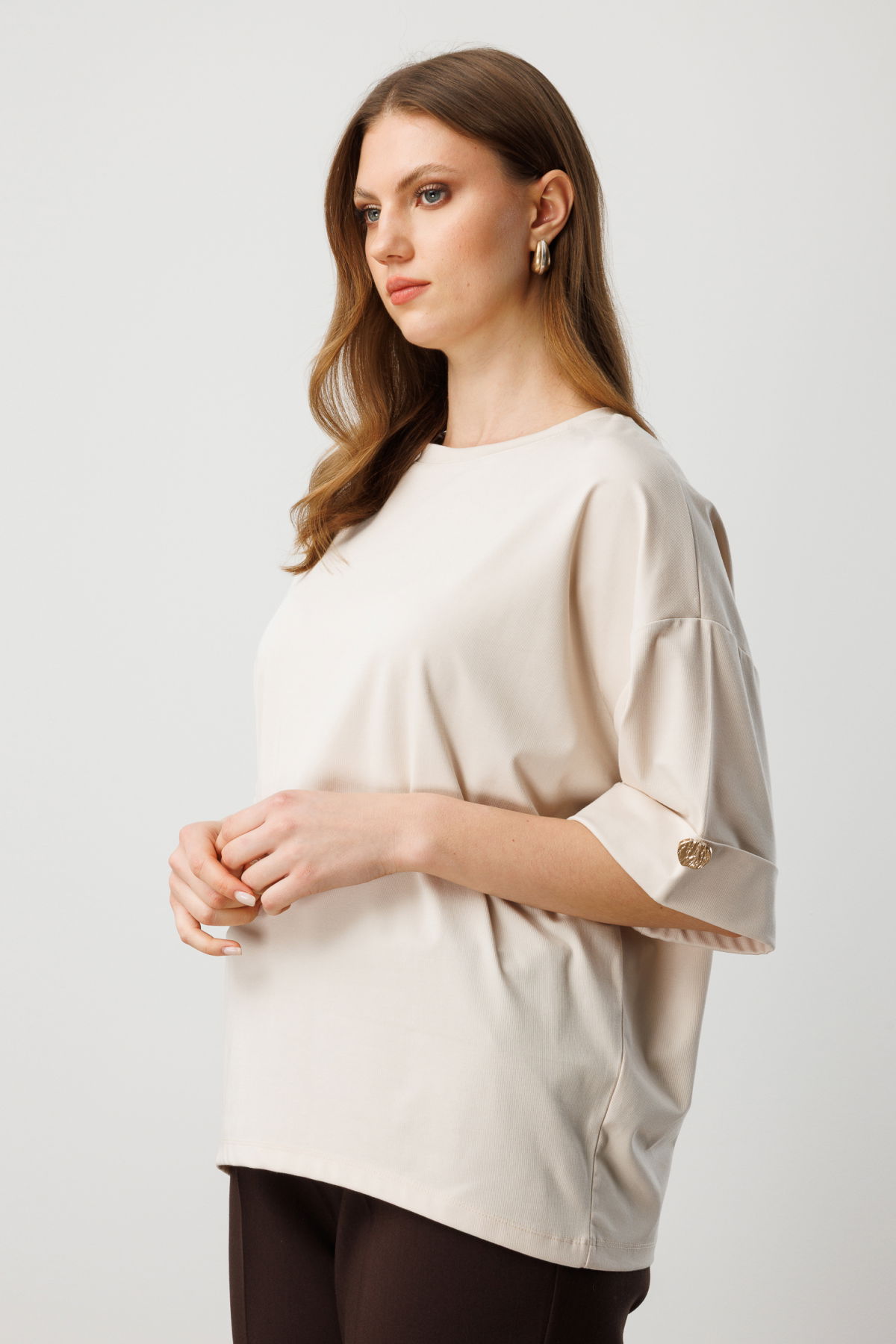 On Kadın Büyük Beden Yarım Kol Metal Aksesuarlı Bluz 61434 Taş - 2