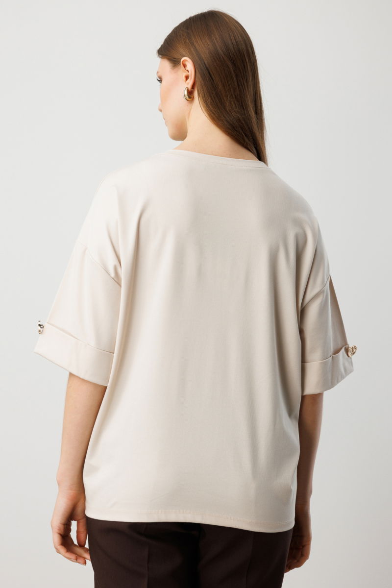 On Kadın Büyük Beden Yarım Kol Metal Aksesuarlı Bluz 61434 Taş - 4