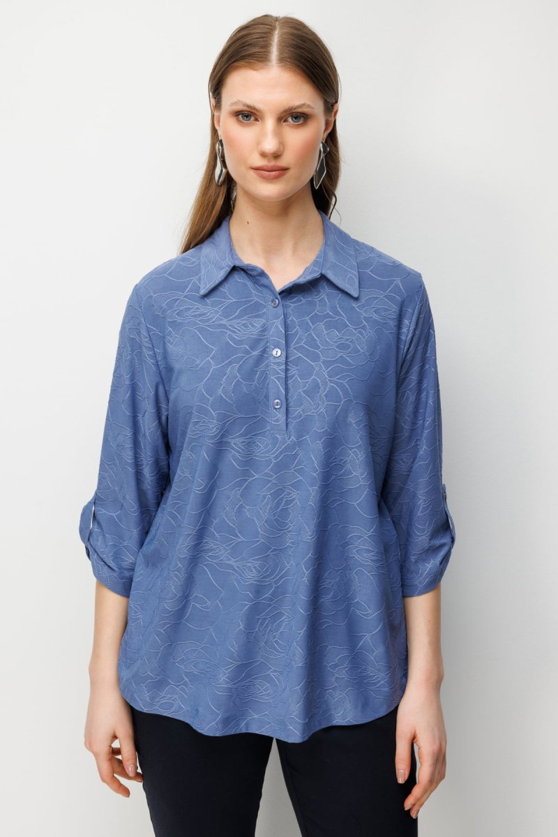 On Kadın Büyük Beden Yarım Kollu İşlemeli Bluz 71342 Indigo - On