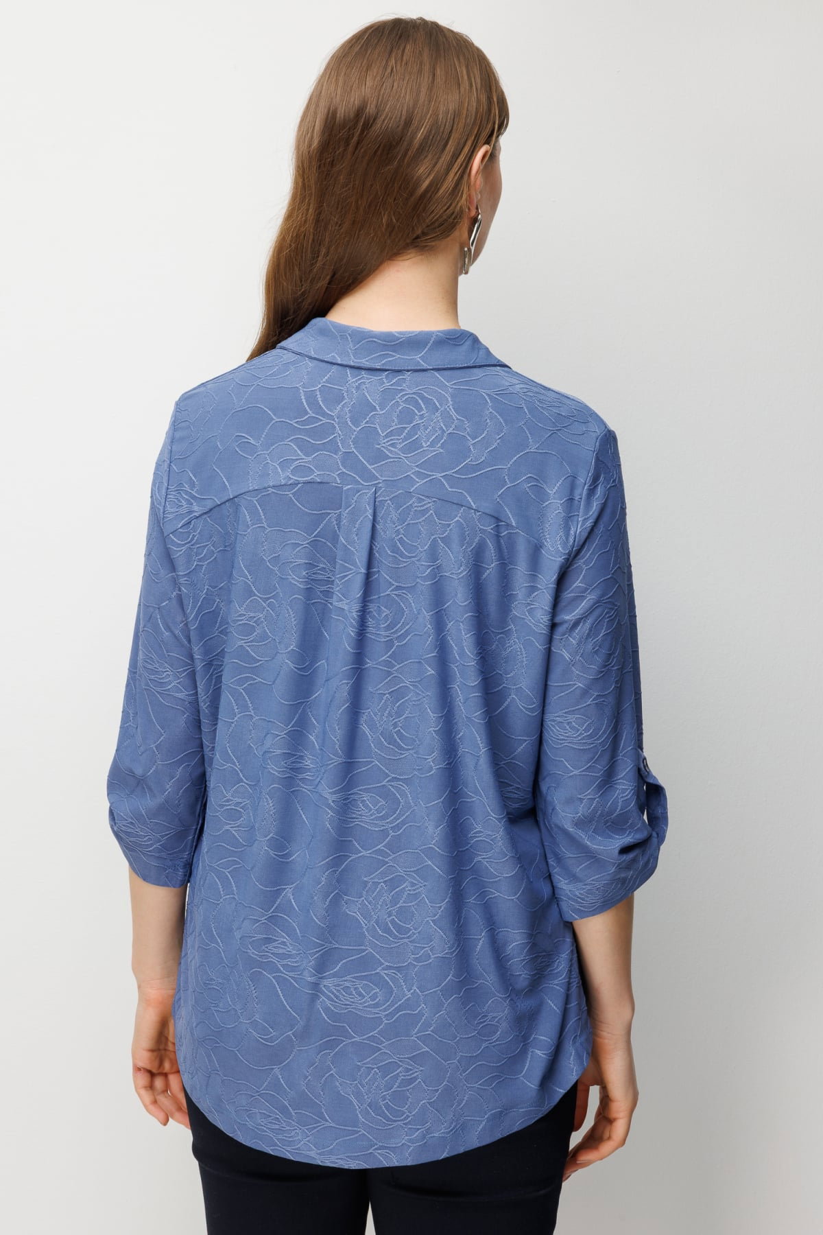 On Kadın Büyük Beden Yarım Kollu İşlemeli Bluz 71342 Indigo - 4