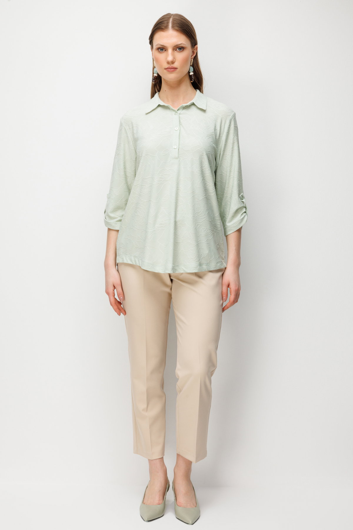 On Kadın Büyük Beden Yarım Kollu İşlemeli Bluz 71342 Mint - 3