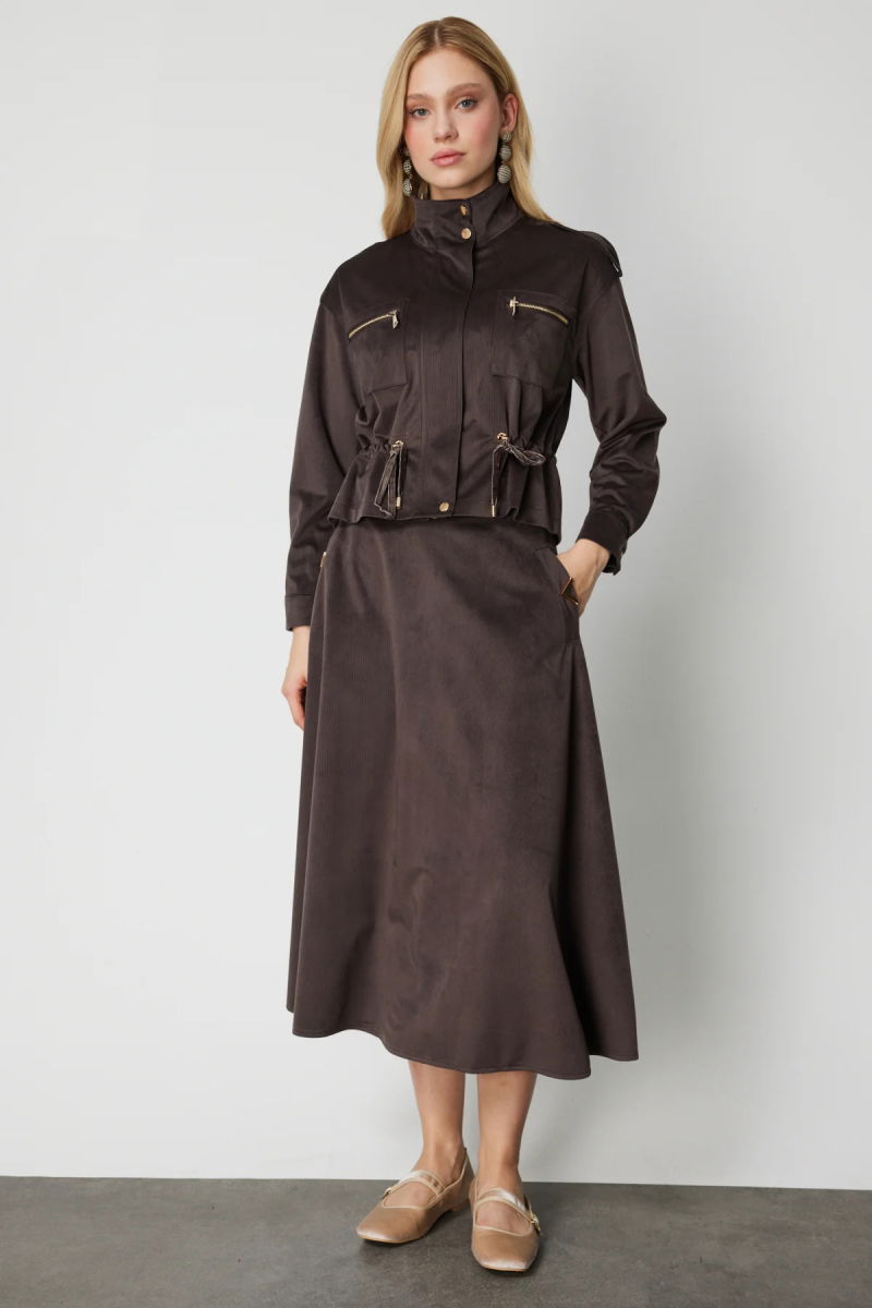 On Kadın Cebi Metal Aksesuarlı Midi Boy Etek 66533 Kahverengi - On