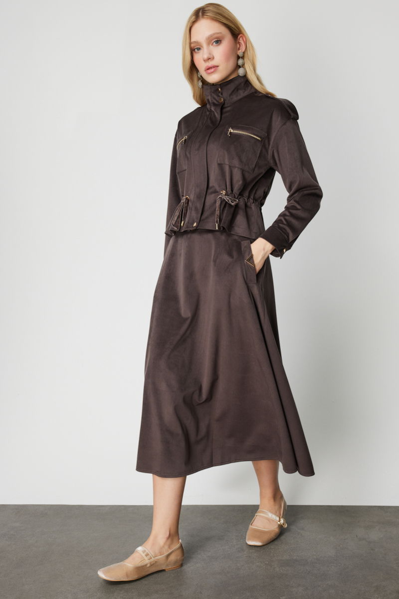 On Kadın Cebi Metal Aksesuarlı Midi Boy Etek 66533 Kahverengi - 2