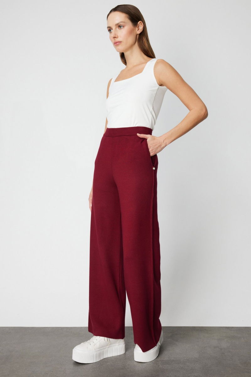 On Kadın Cebi Taş Detaylı Bol Paça Triko Pantolon 63919 Bordo - 2