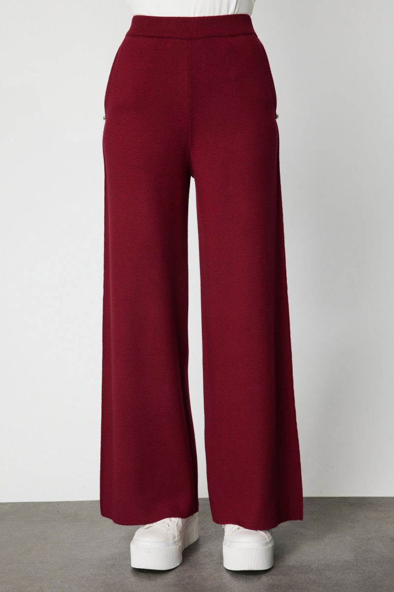 On Kadın Cebi Taş Detaylı Bol Paça Triko Pantolon 63919 Bordo - 3