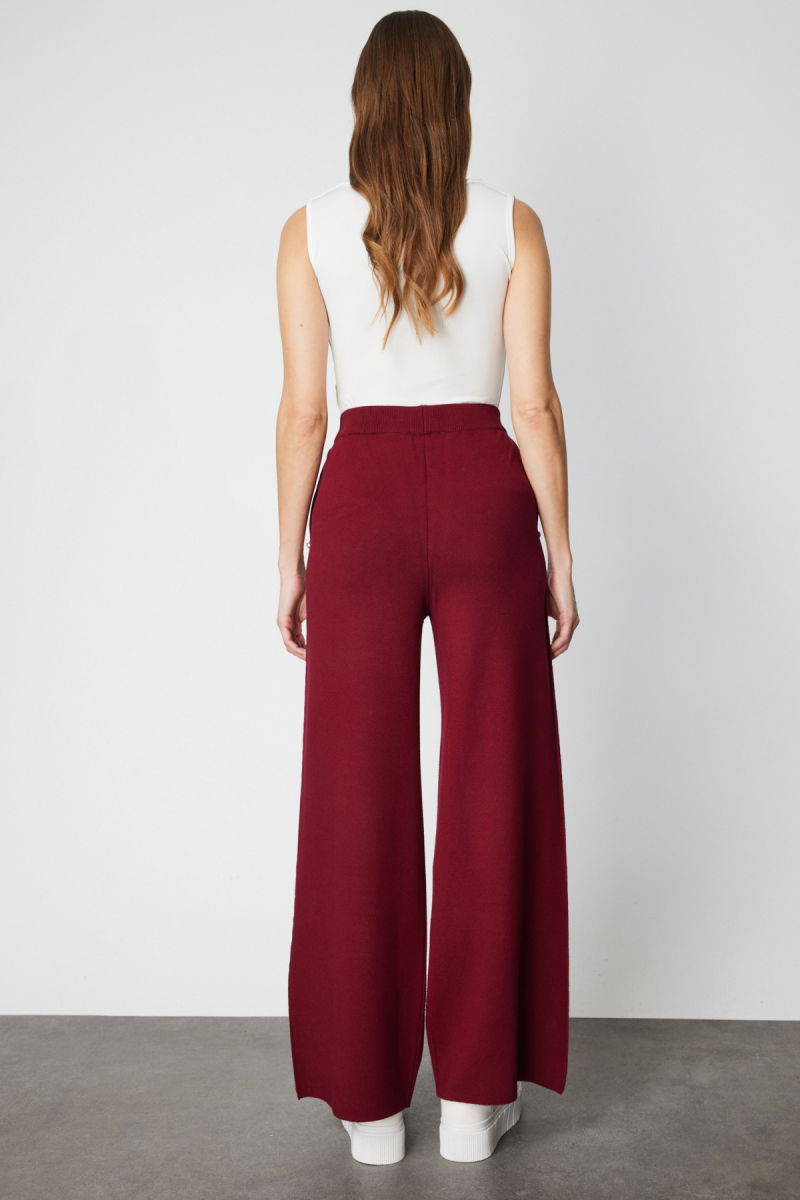 On Kadın Cebi Taş Detaylı Bol Paça Triko Pantolon 63919 Bordo - 4