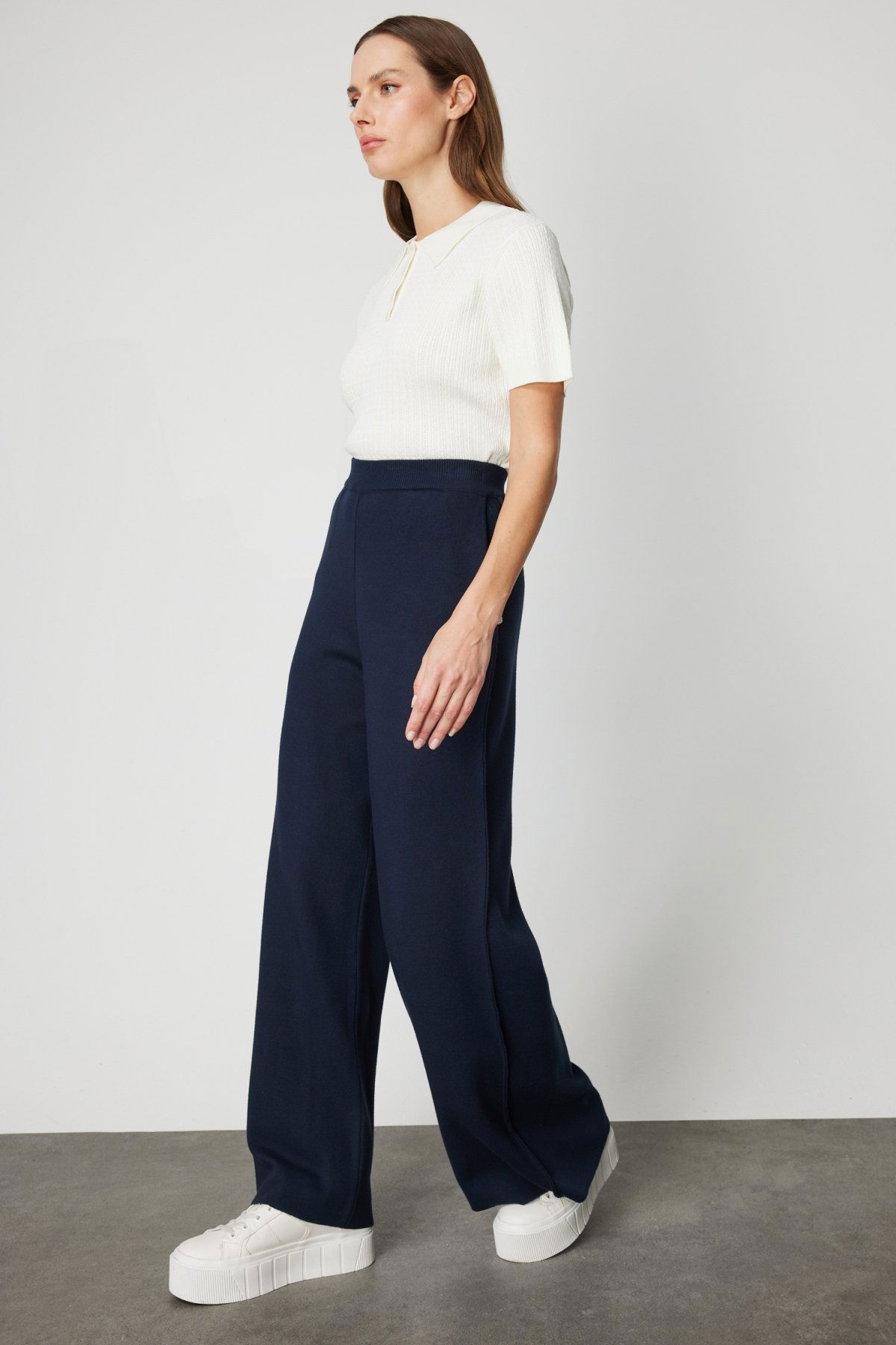 On Kadın Cebi Taş Detaylı Bol Paça Triko Pantolon 63919 Lacivert - 2