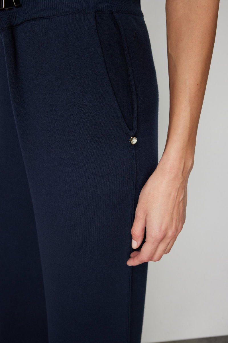 On Kadın Cebi Taş Detaylı Bol Paça Triko Pantolon 63919 Lacivert - 3