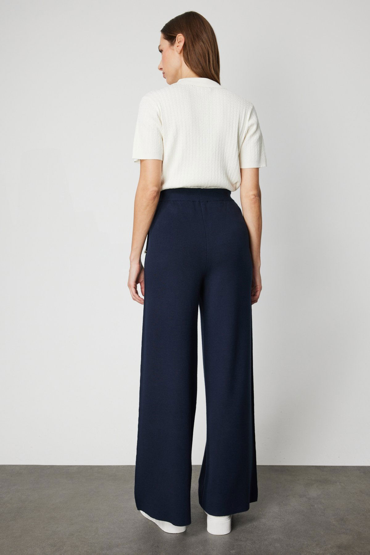 On Kadın Cebi Taş Detaylı Bol Paça Triko Pantolon 63919 Lacivert - 4