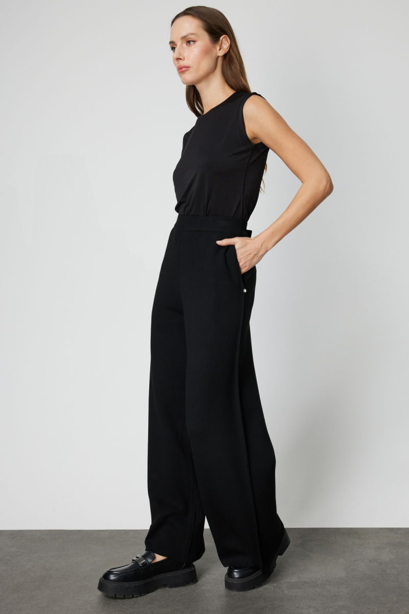 On Kadın Cebi Taş Detaylı Bol Paça Triko Pantolon 63919 Siyah - 2