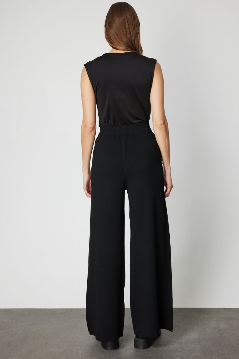 On Kadın Cebi Taş Detaylı Bol Paça Triko Pantolon 63919 Siyah - 4