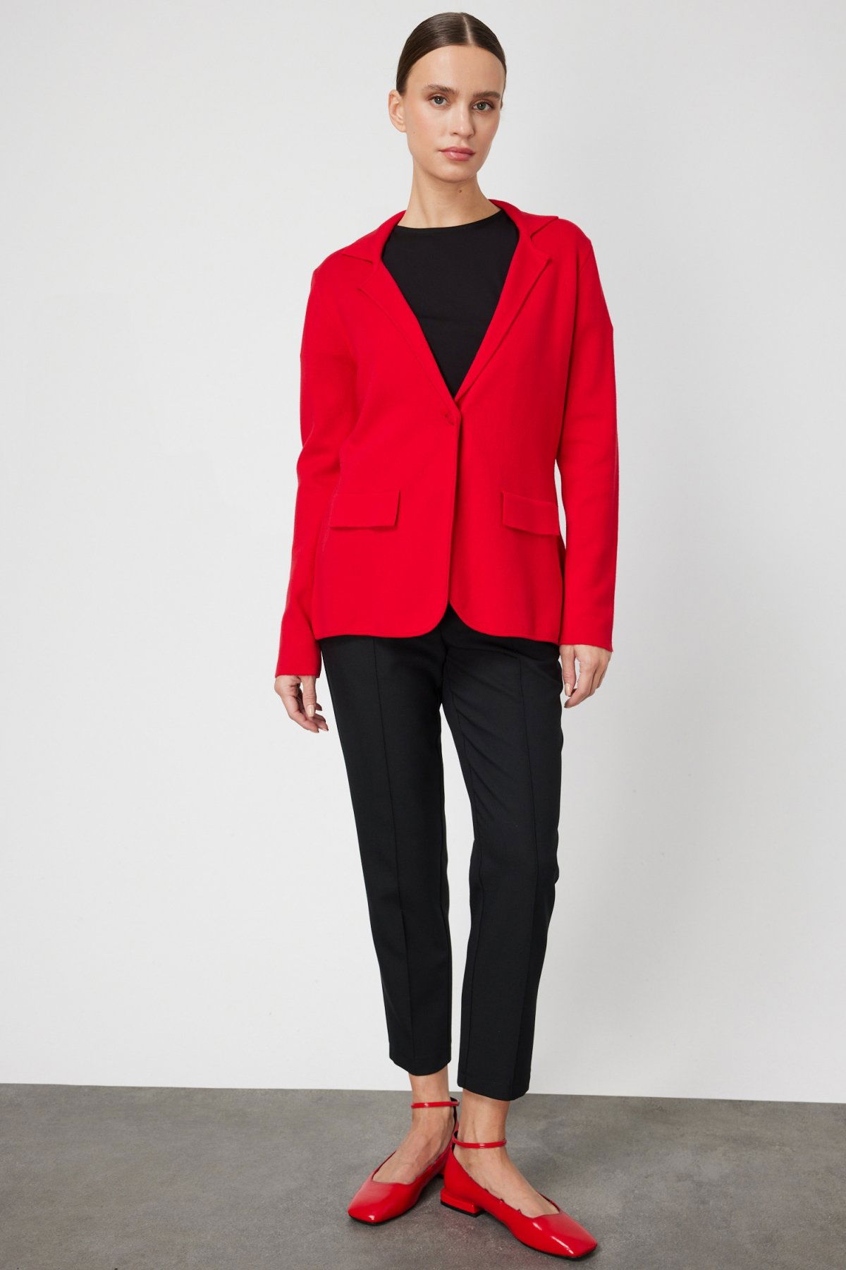 On Kadın Ceket Yaka Triko Hırka 63926 Kırmızı - 3