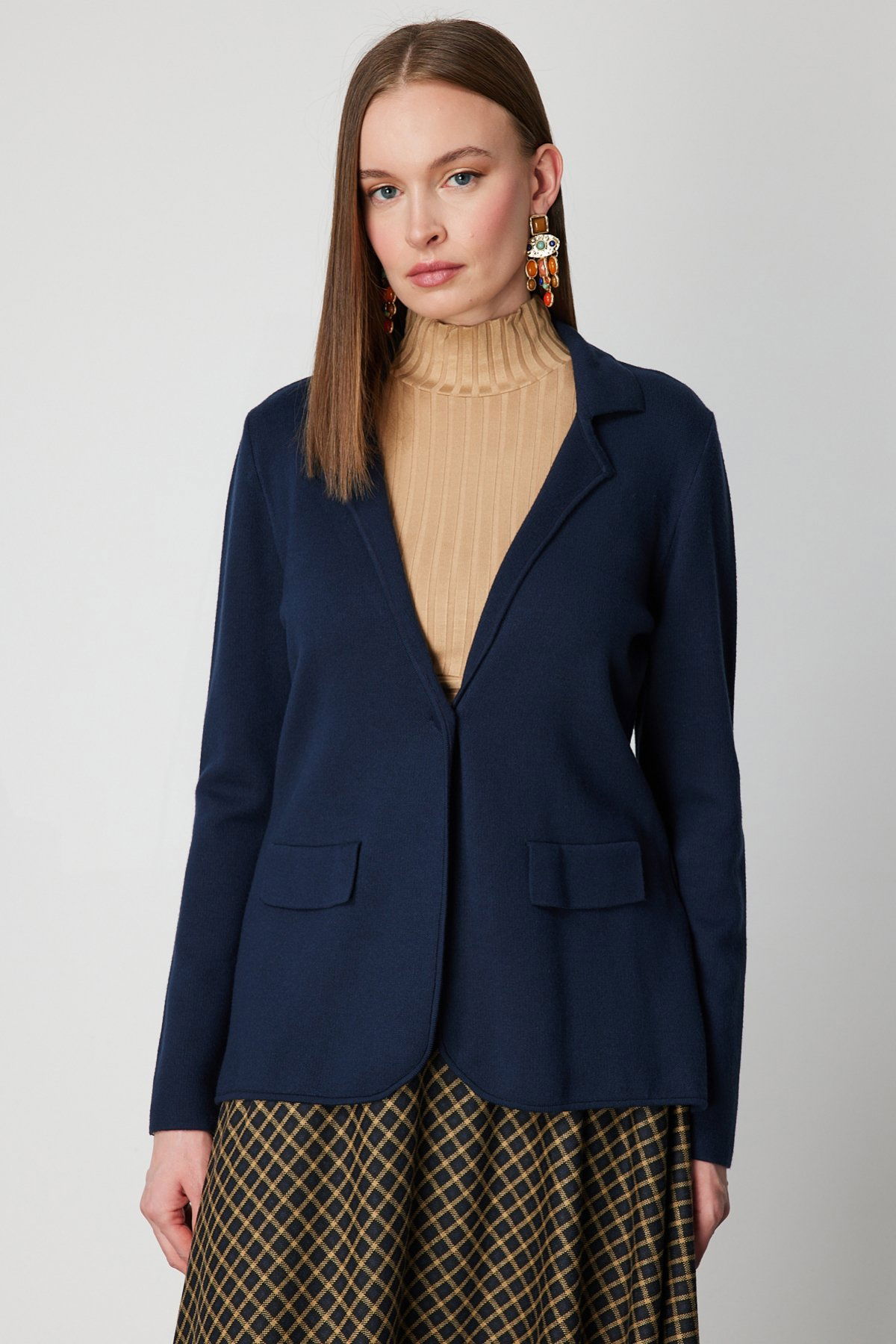 On Kadın Ceket Yaka Triko Hırka 63926 Lacivert - 1