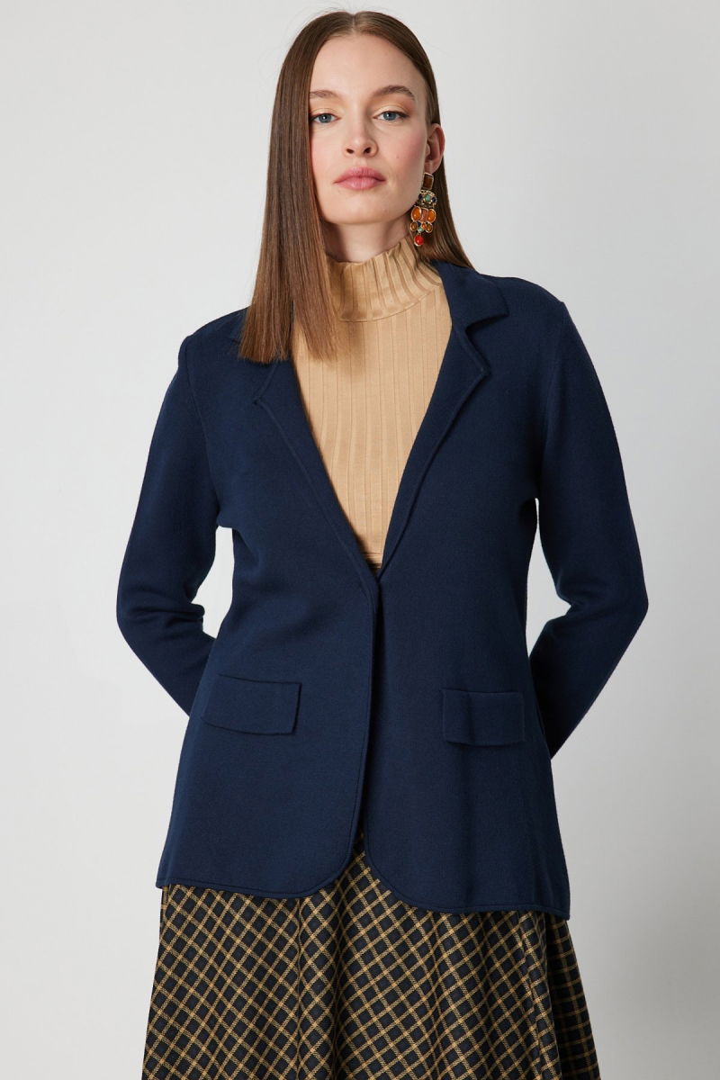 On Kadın Ceket Yaka Triko Hırka 63926 Lacivert - 2