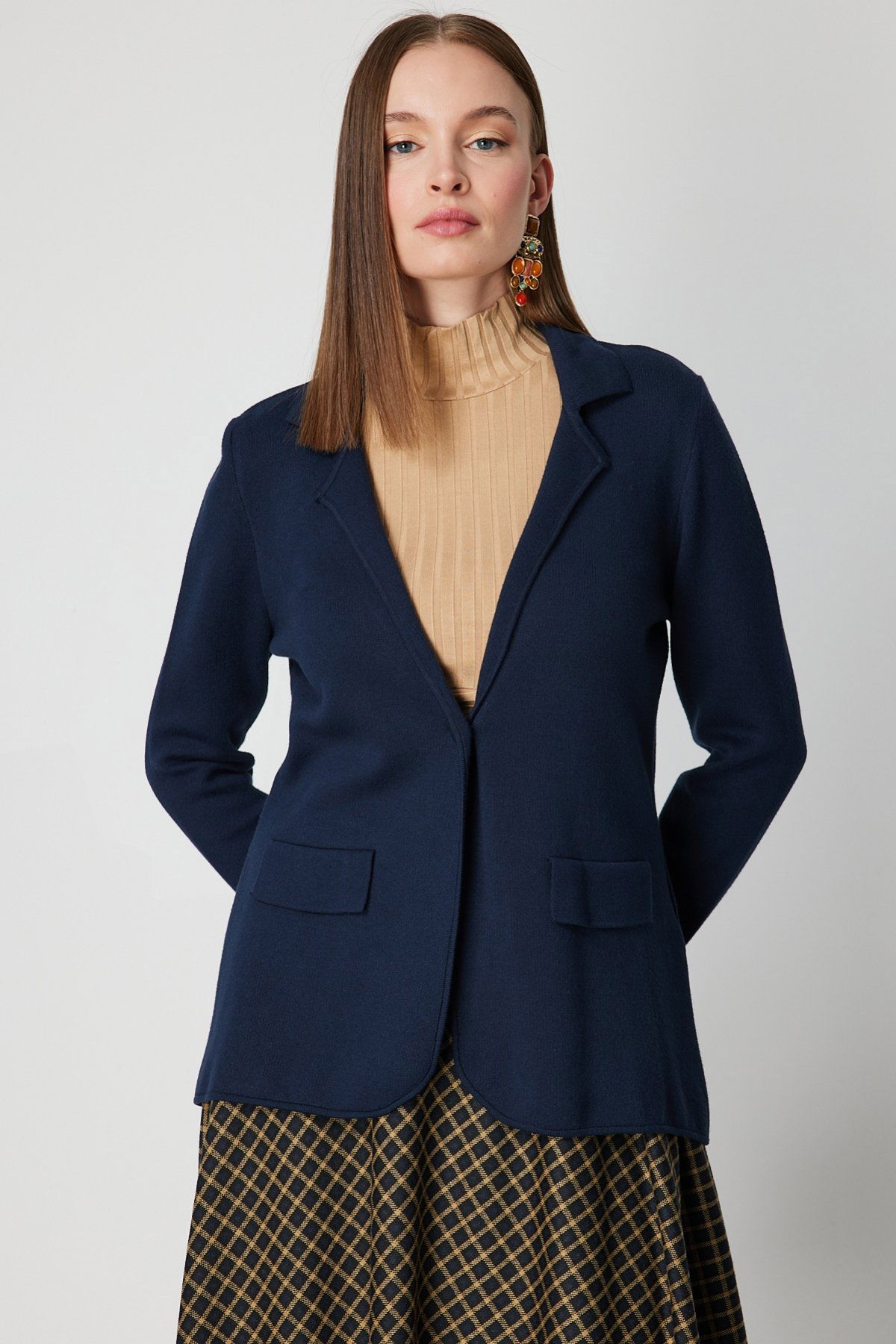 On Kadın Ceket Yaka Triko Hırka 63926 Lacivert - 2