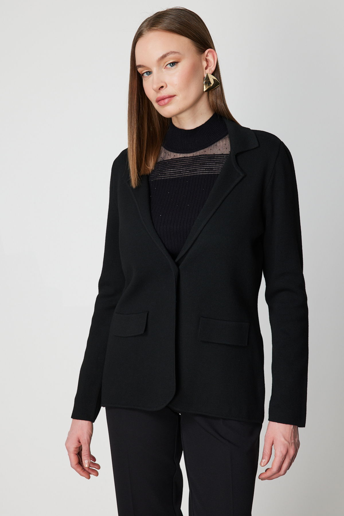 On Kadın Ceket Yaka Triko Hırka 63926 Siyah - 2