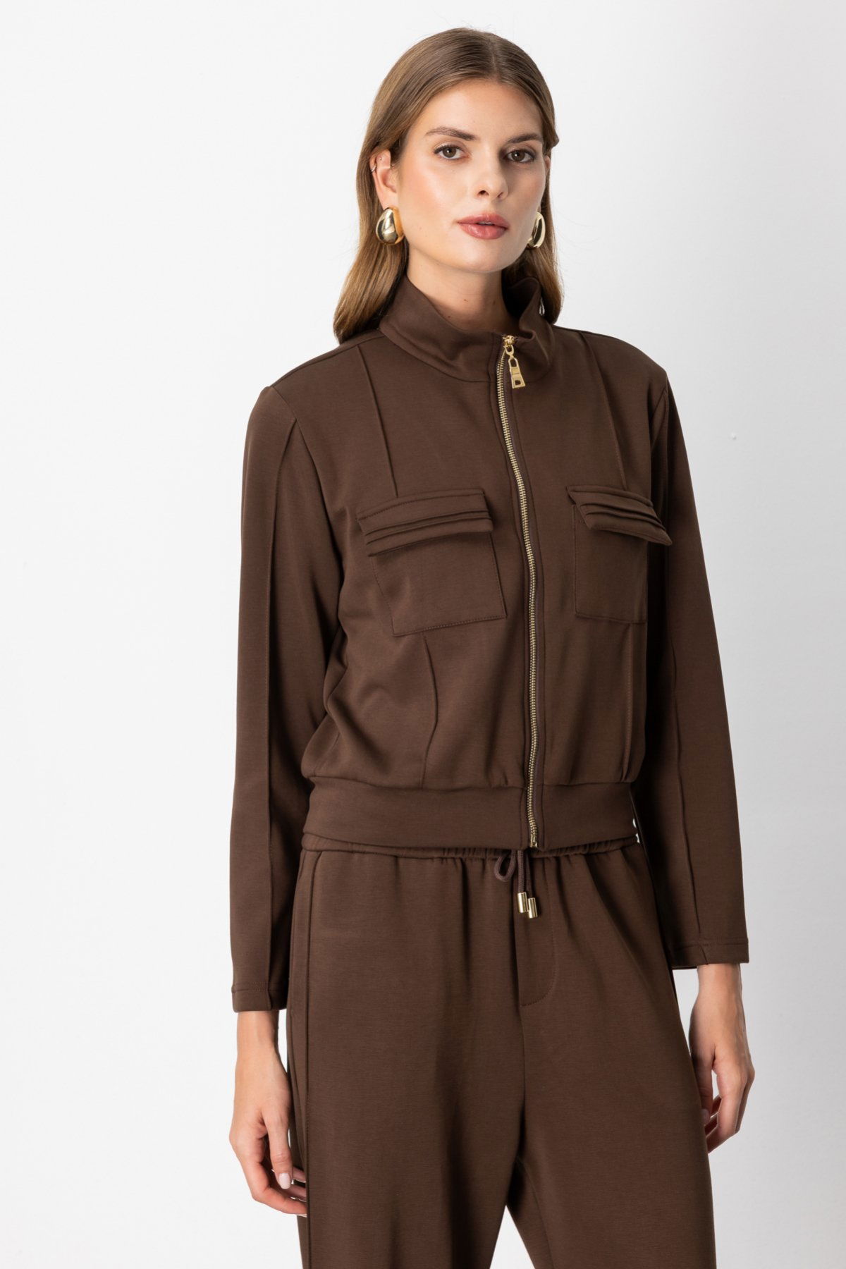 On Kadın Cep Detaylı Dik Yaka Eşofman Üstü 66509 Kahverengi - 1