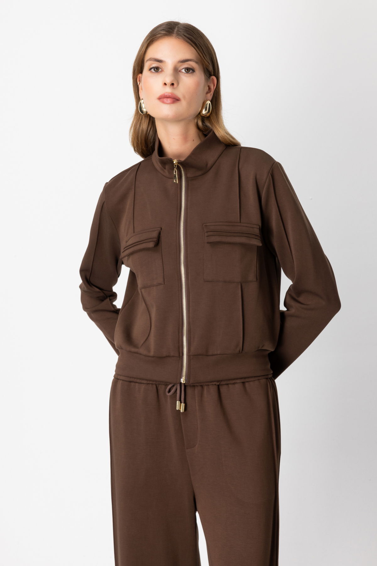 On Kadın Cep Detaylı Dik Yaka Eşofman Üstü 66509 Kahverengi - 2