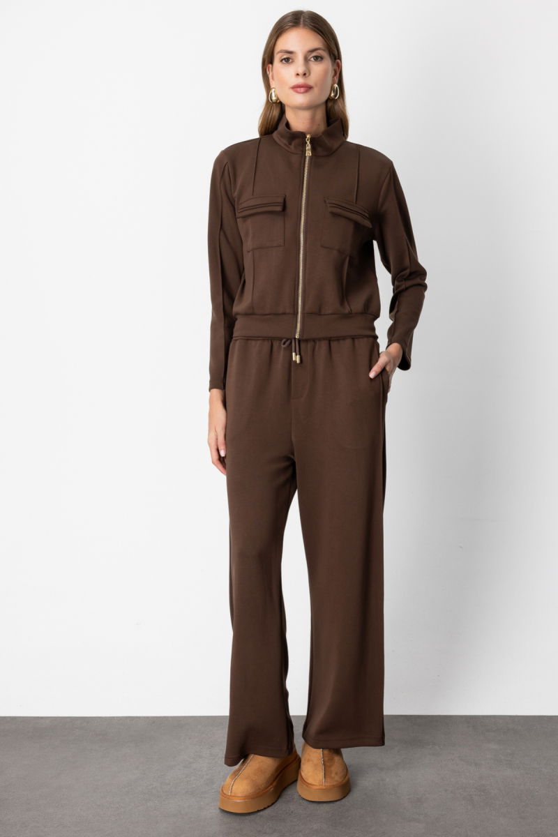 On Kadın Cep Detaylı Dik Yaka Eşofman Üstü 66509 Kahverengi - 3