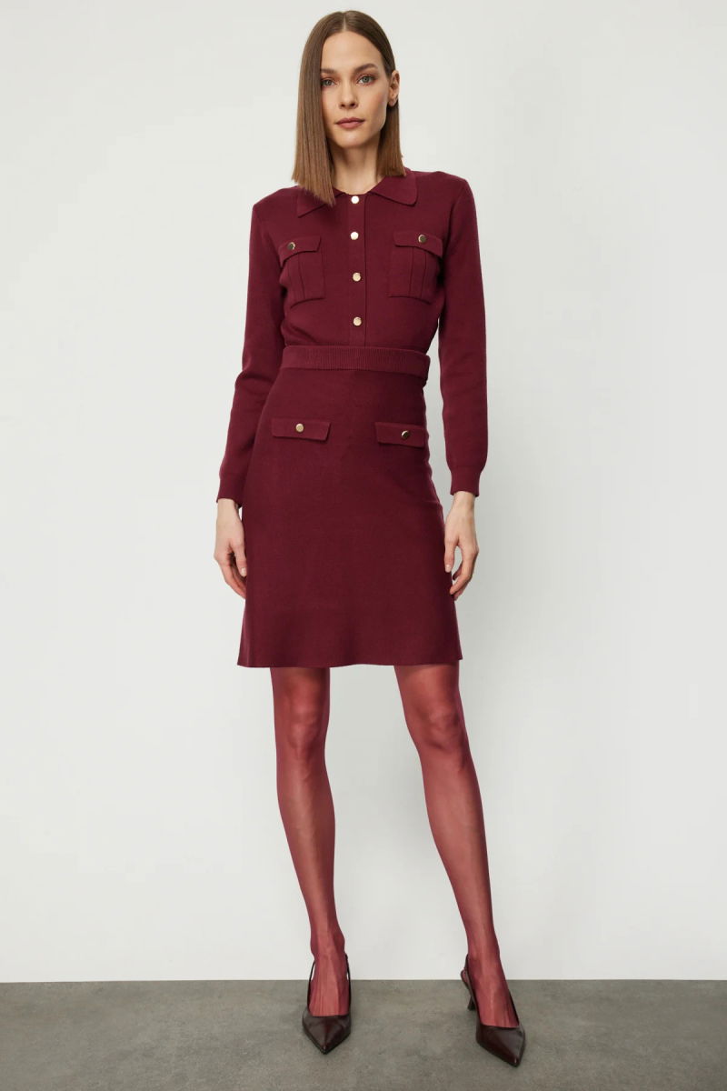 On Kadın Cep Detaylı Diz Üstü Triko Etek 69508 Bordo - On