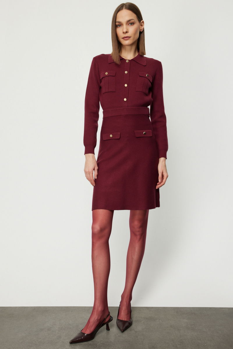 On Kadın Cep Detaylı Diz Üstü Triko Etek 69508 Bordo - 2