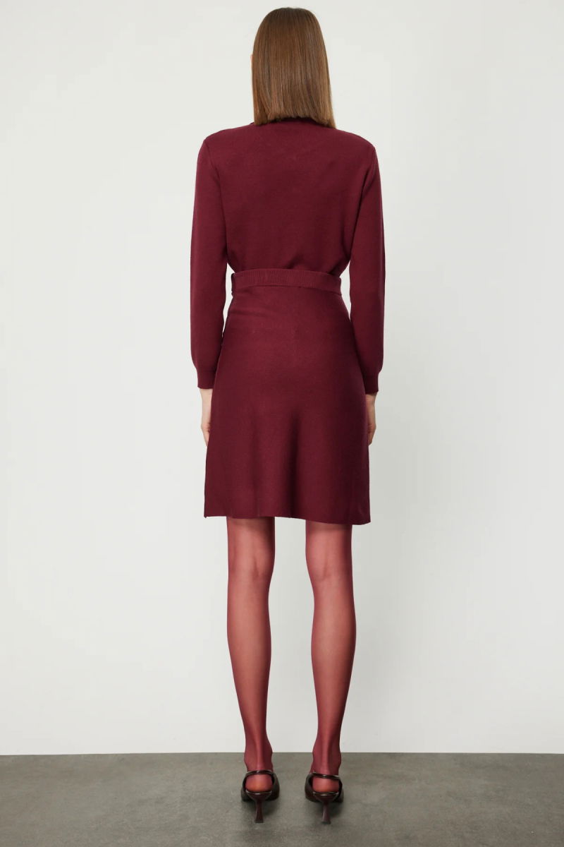 On Kadın Cep Detaylı Diz Üstü Triko Etek 69508 Bordo - 4