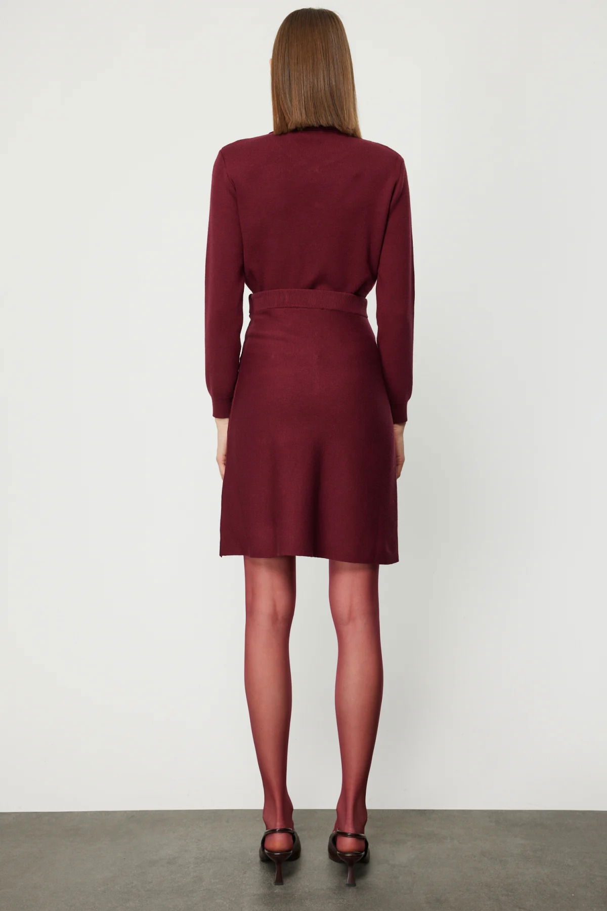 On Kadın Cep Detaylı Diz Üstü Triko Etek 69508 Bordo - 4
