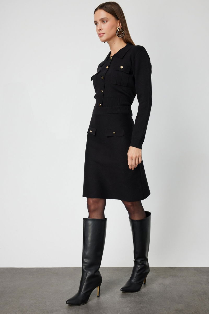 On Kadın Cep Detaylı Diz Üstü Triko Etek 69508 Siyah - On