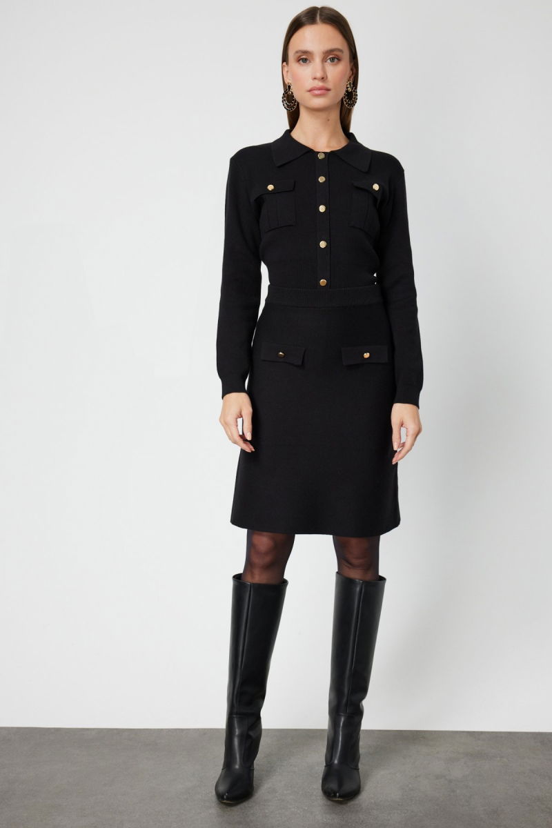 On Kadın Cep Detaylı Diz Üstü Triko Etek 69508 Siyah - 2