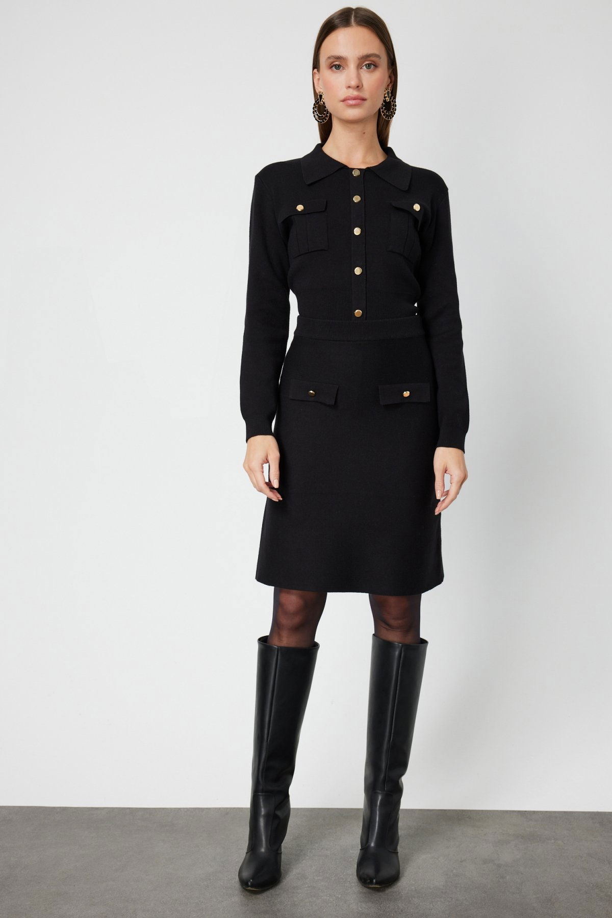 On Kadın Cep Detaylı Diz Üstü Triko Etek 69508 Siyah - 2