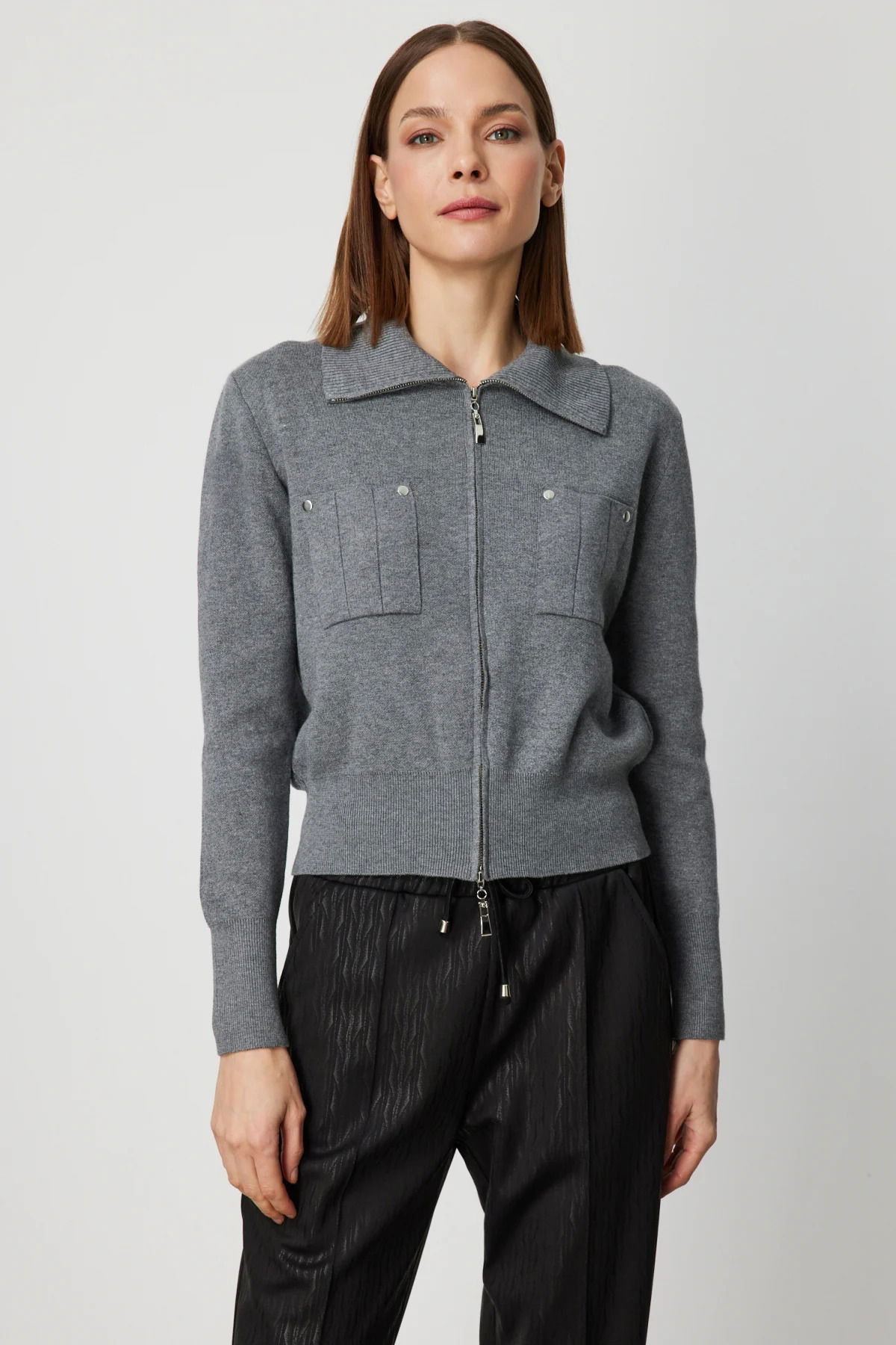 On Kadın Cep Detaylı Fermuarlı Triko Hırka 69904 Antrasit - 1