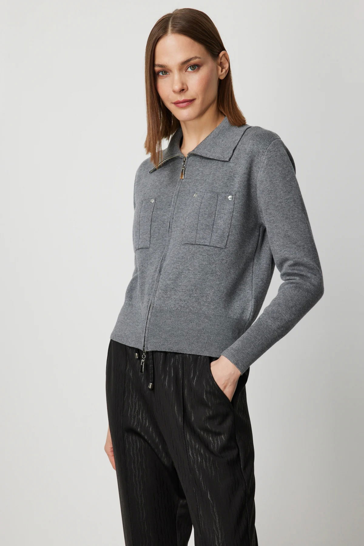 On Kadın Cep Detaylı Fermuarlı Triko Hırka 69904 Antrasit - 2