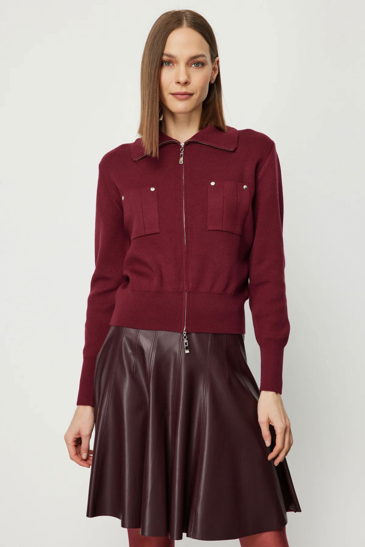 On Kadın Cep Detaylı Fermuarlı Triko Hırka 69904 Bordo - 1