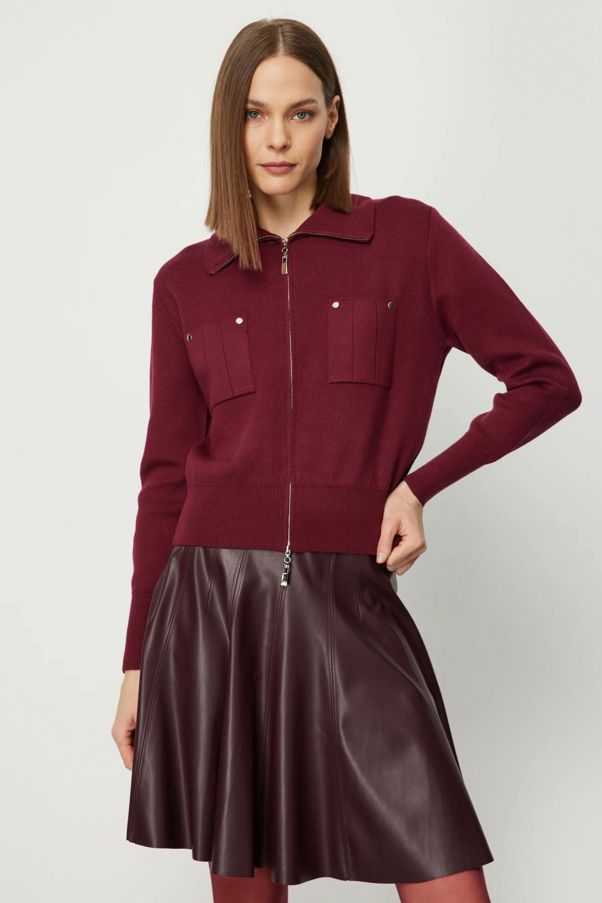 On Kadın Cep Detaylı Fermuarlı Triko Hırka 69904 Bordo - 2