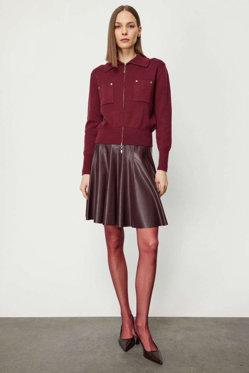 On Kadın Cep Detaylı Fermuarlı Triko Hırka 69904 Bordo - 3