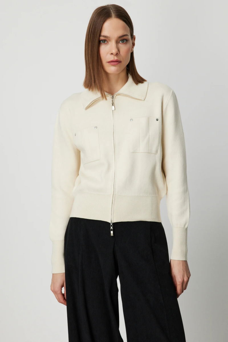 On Kadın Cep Detaylı Fermuarlı Triko Hırka 69904 Krem 