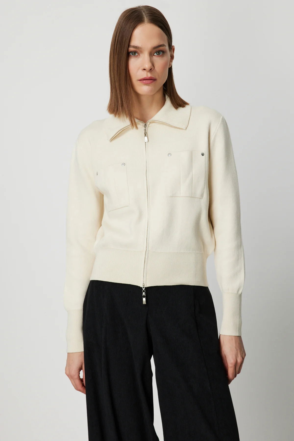 On Kadın Cep Detaylı Fermuarlı Triko Hırka 69904 Krem - 1