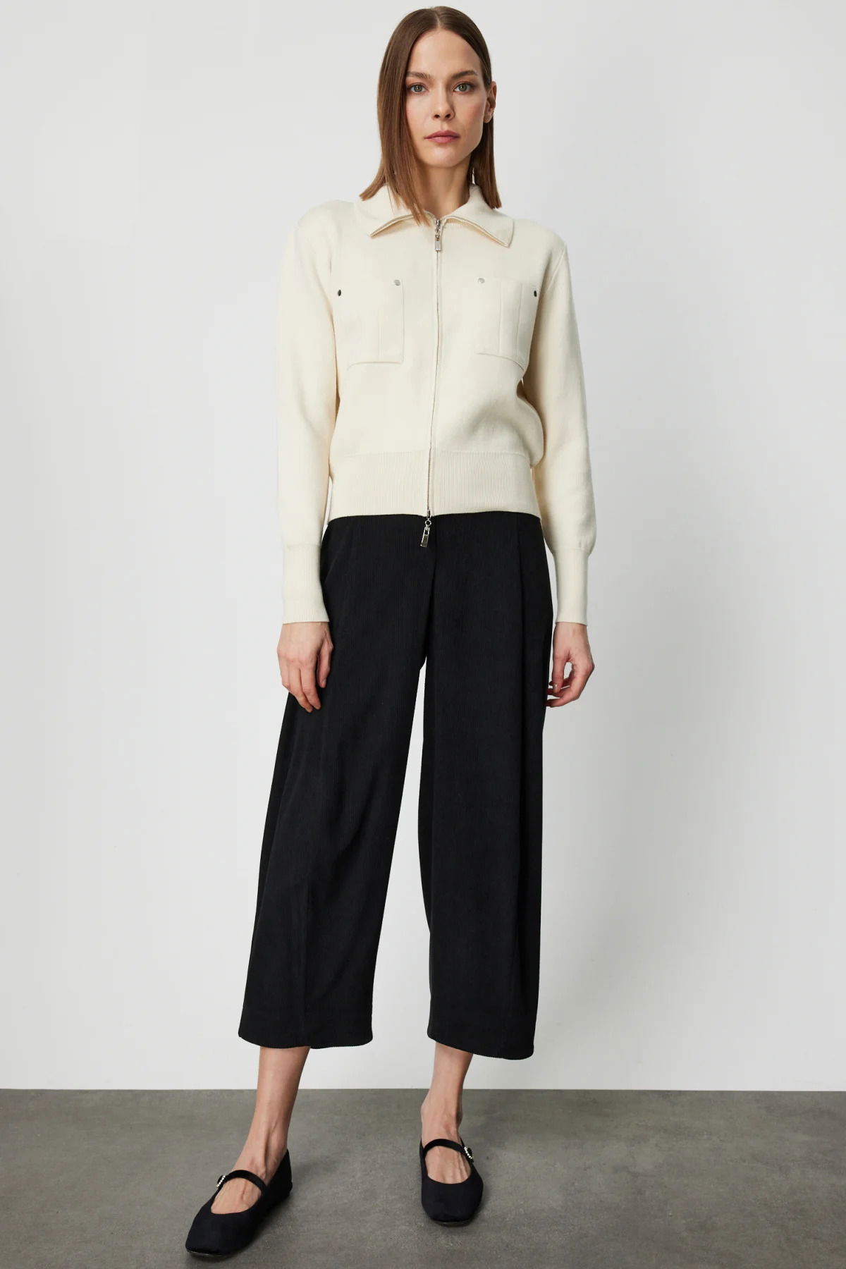 On Kadın Cep Detaylı Fermuarlı Triko Hırka 69904 Krem - 3