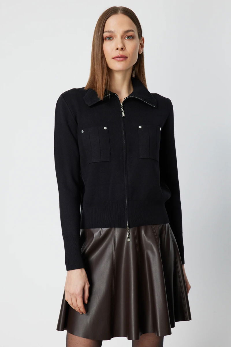 On Kadın Cep Detaylı Fermuarlı Triko Hırka 69904 Siyah - On