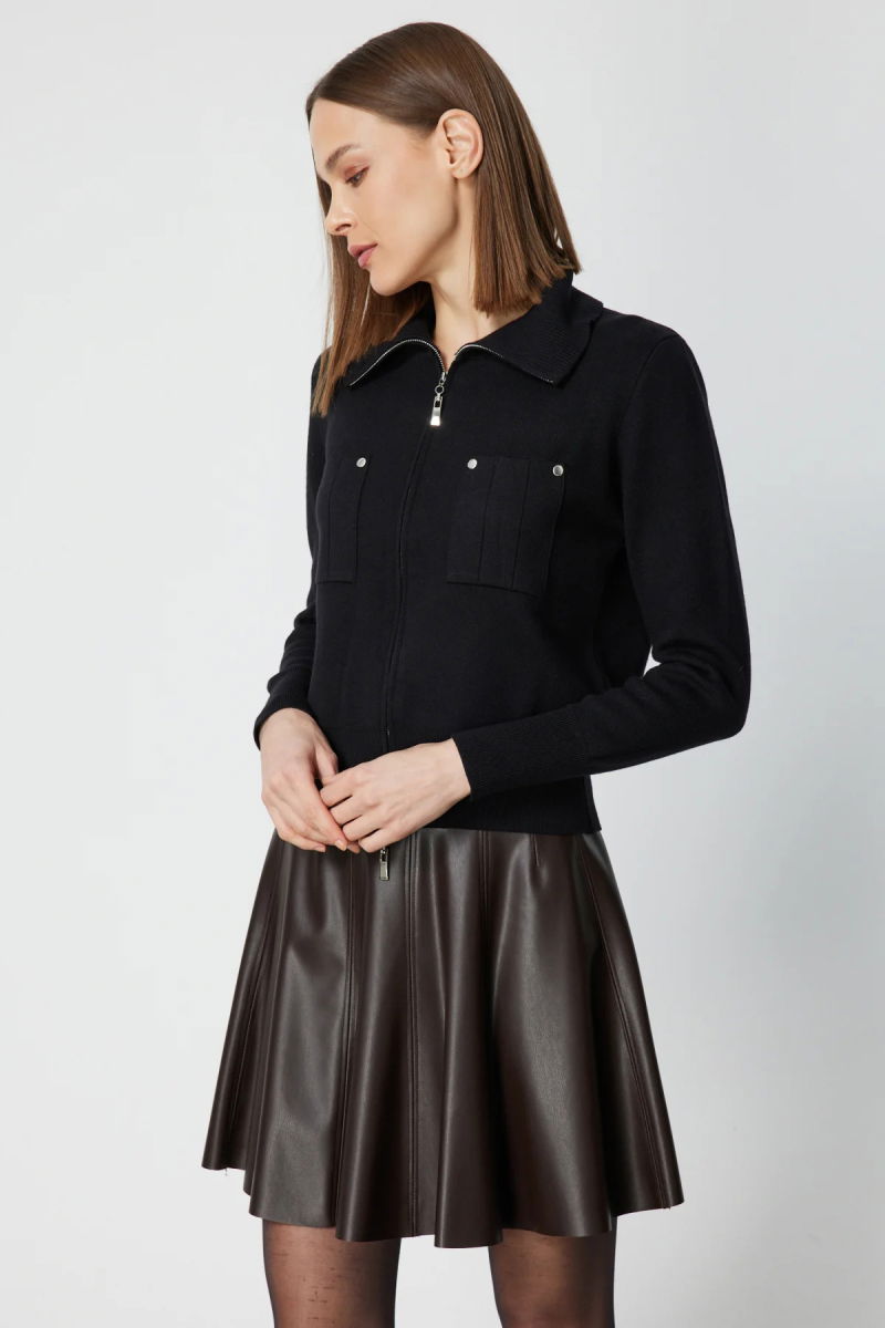 On Kadın Cep Detaylı Fermuarlı Triko Hırka 69904 Siyah - 2