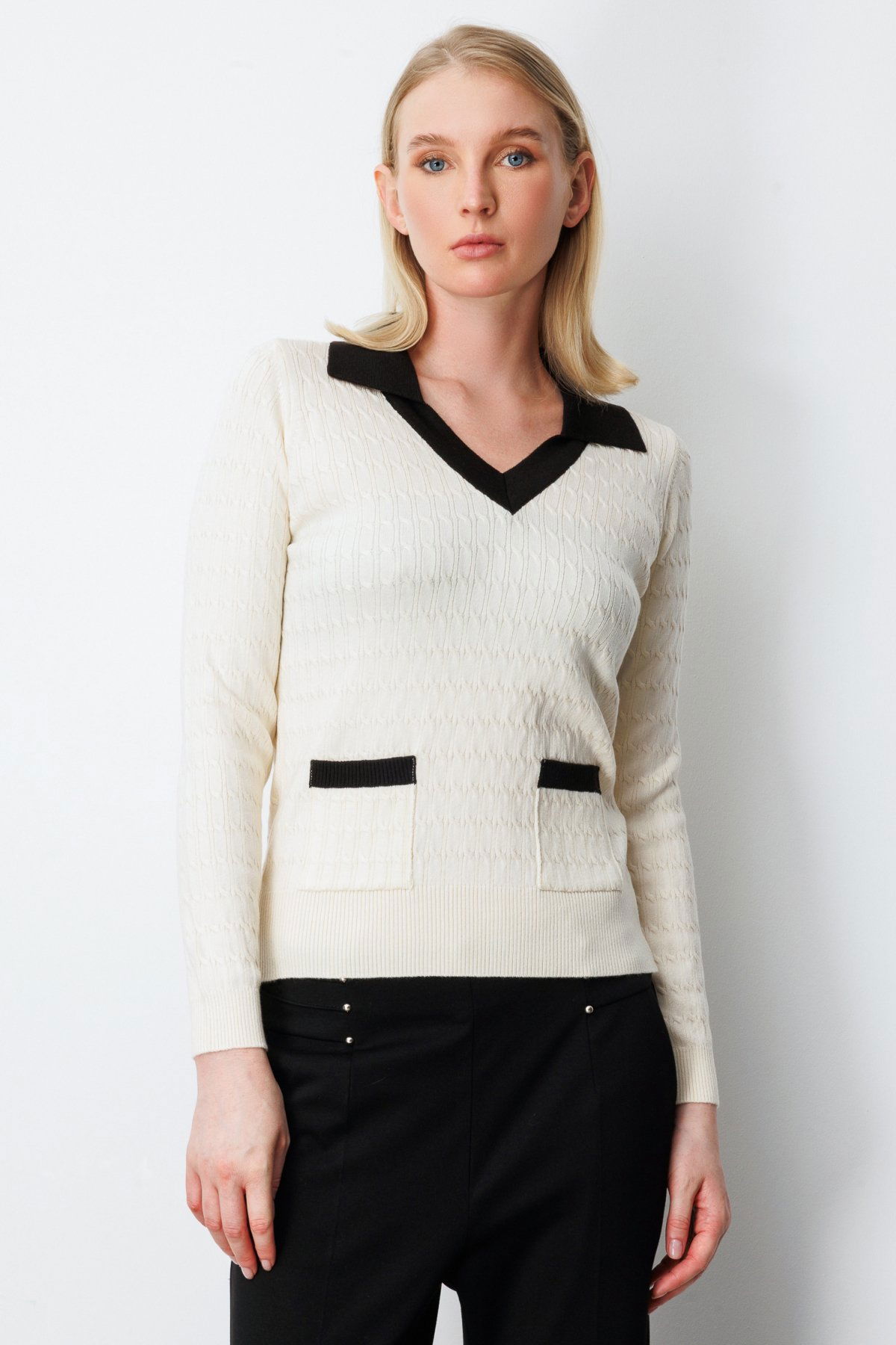 On Kadın Cep Detaylı Uzun Kollu Kazak 65313 Krem - 1