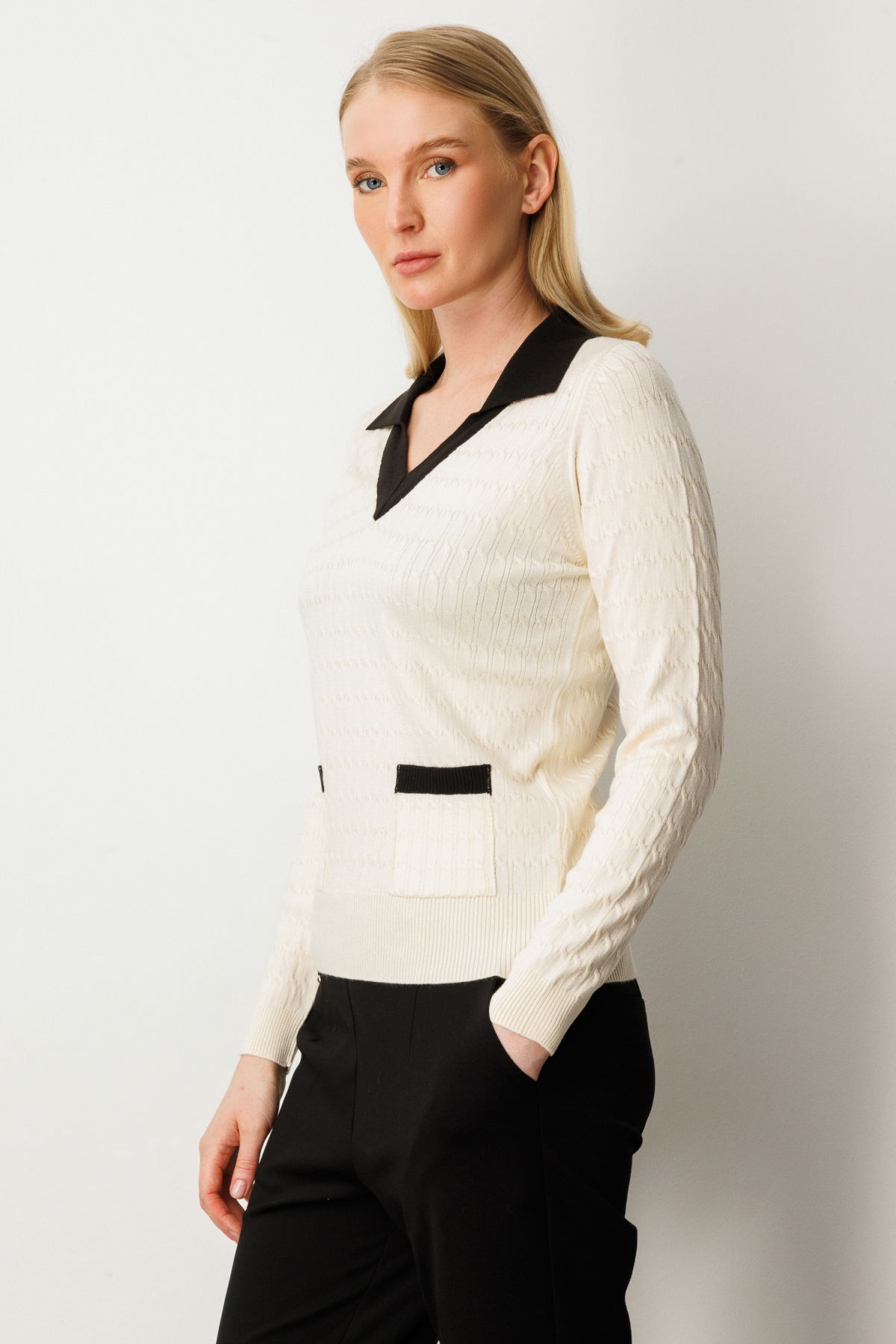 On Kadın Cep Detaylı Uzun Kollu Kazak 65313 Krem - 2