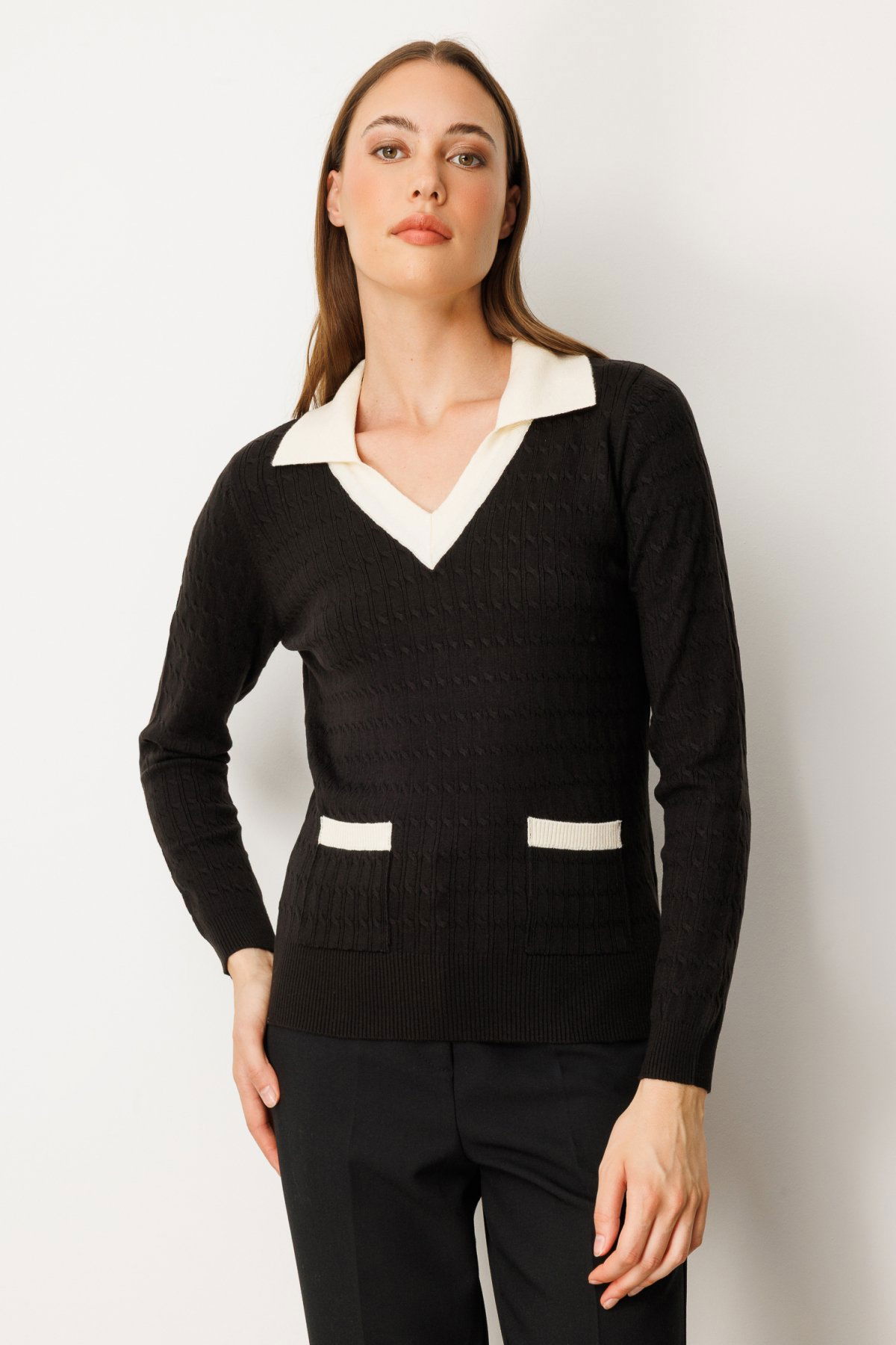 On Kadın Cep Detaylı Uzun Kollu Kazak 65313 Siyah - 1