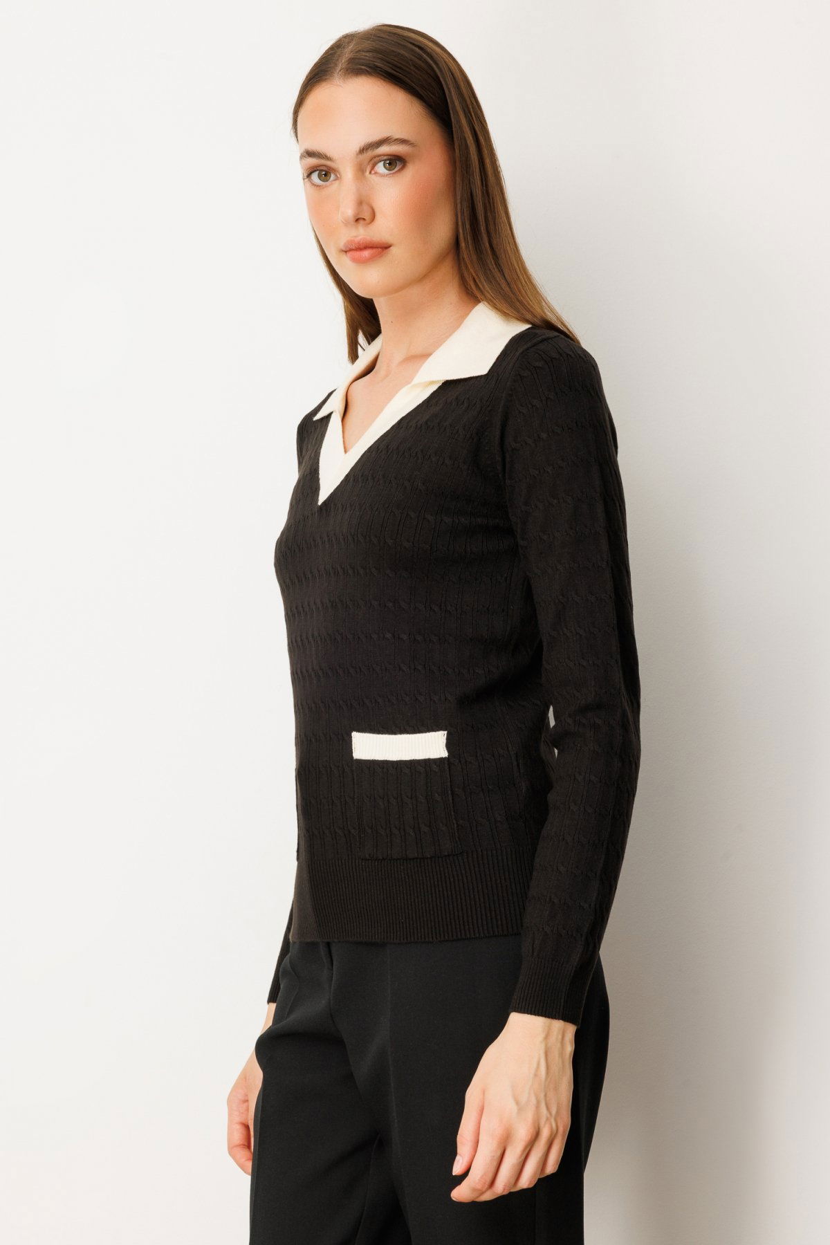 On Kadın Cep Detaylı Uzun Kollu Kazak 65313 Siyah - 2